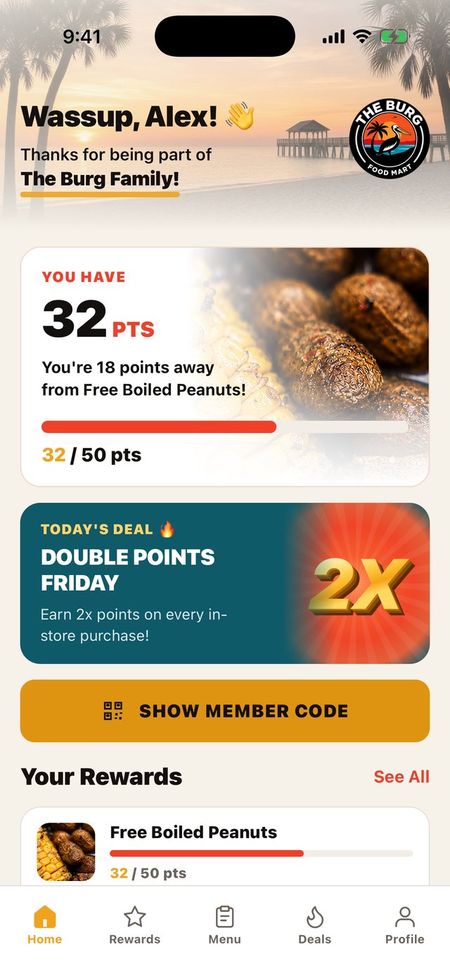 Preview of the upcoming Burg Rewards app home screen: points toward a free boiled peanuts reward, the Double Points Friday deal, and the Show Member Code button